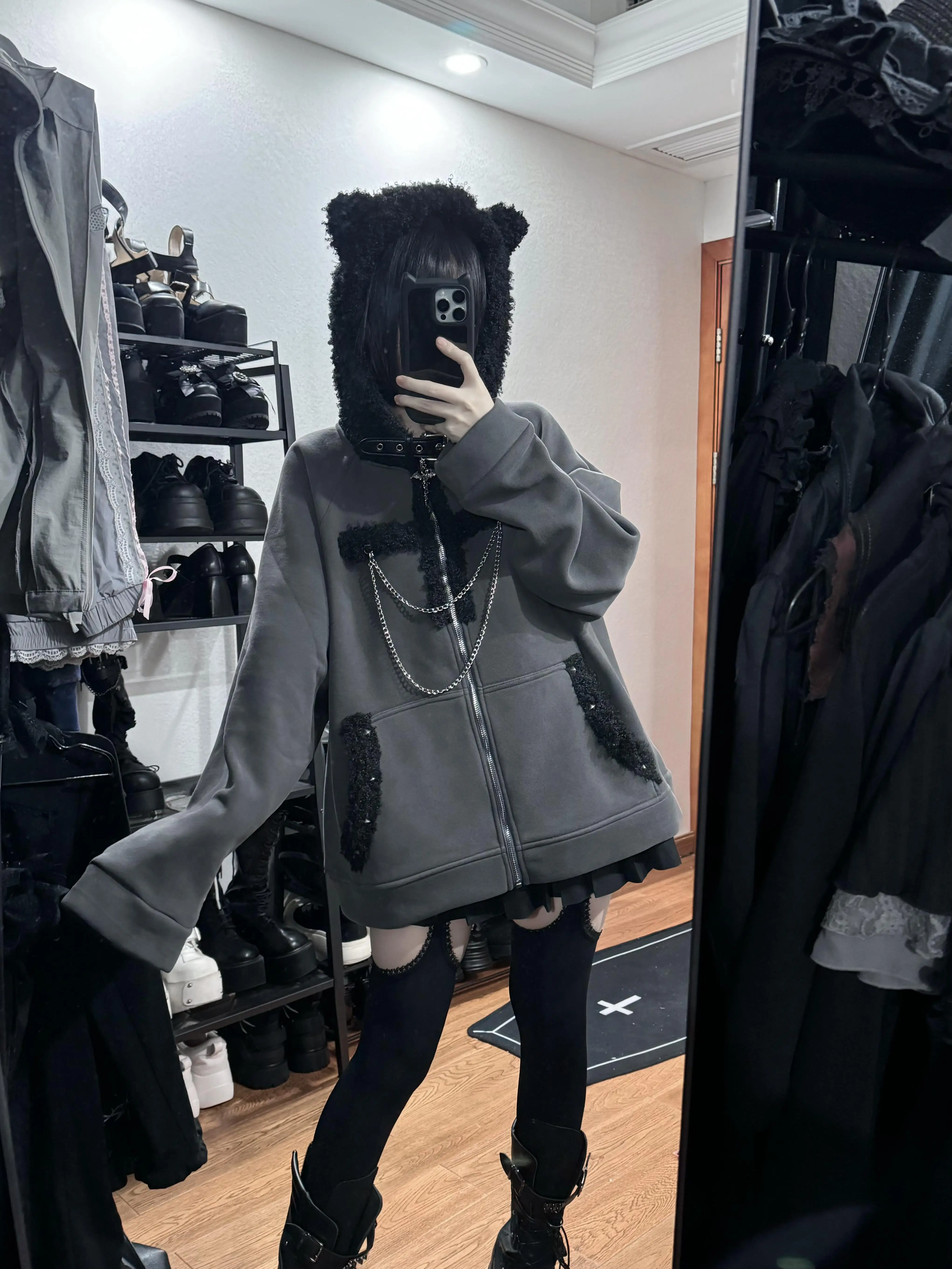 New Autumn Harajuku Black Cat Ear Hooded Long Sleeved Metallic Cross Sweatshirt coat Hot Girl Loose Thick Fashion Kawaii Coat