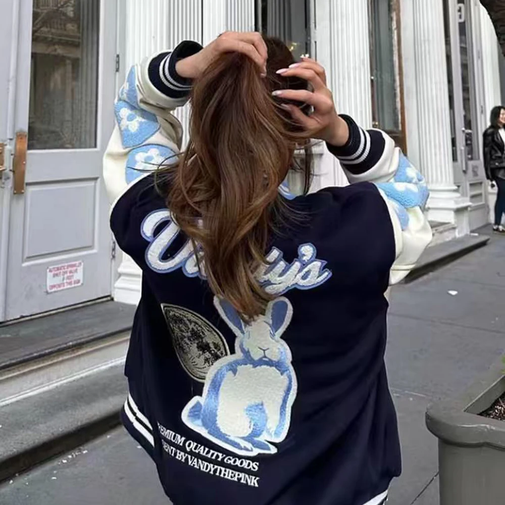 American Street Fashion Trend Rabbit Embroidered Baseball Uniform Unisex Autumn And Winter New Casual Y2k Jacket Coat Men