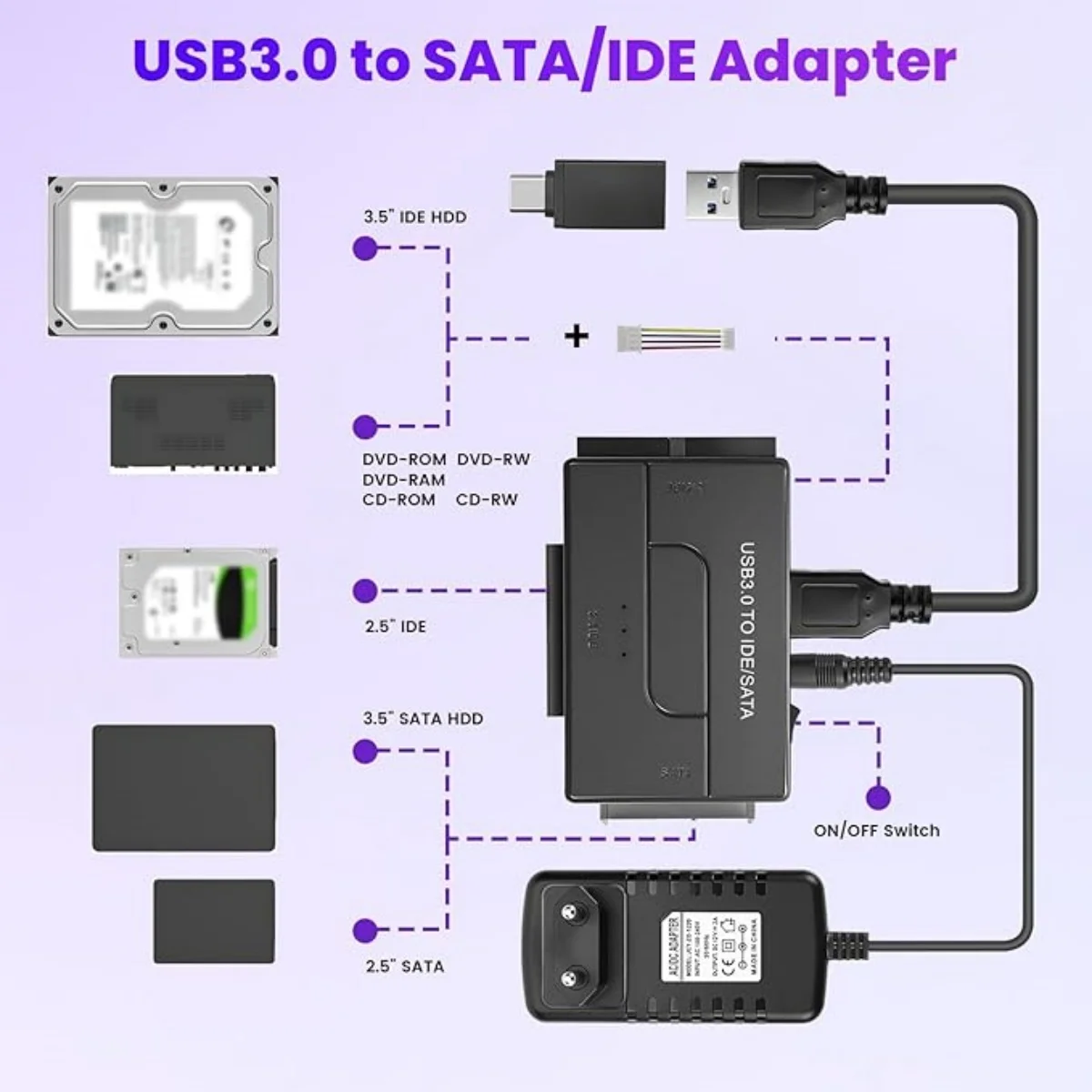 USB 3.0 to IDE and SATA Adapter, Universal External Hard Drive Adapter 2.5 or 3.5