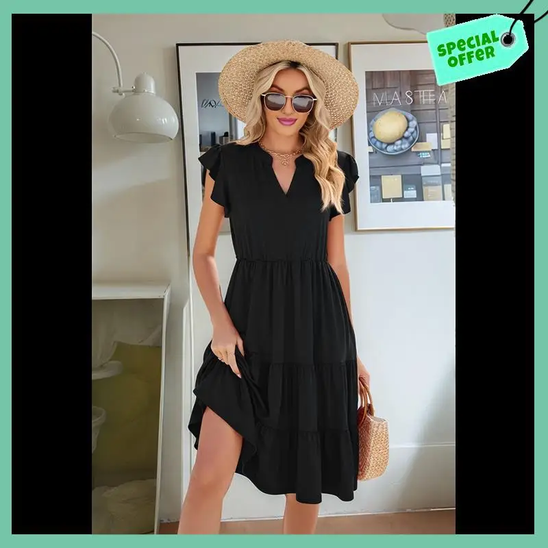 

Sturdy Womens Summer Dress Ruffle Sleeve V Neck Midi Dresses Fashion Casual Fit Flowy Tiered Boho Beach Dress