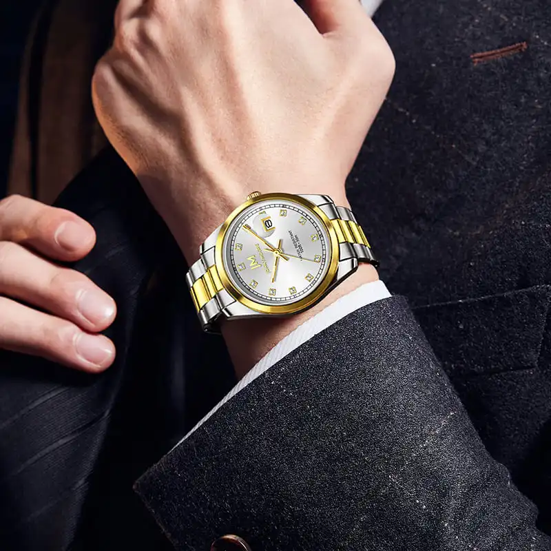 جوني مور K1039 ساعة كوارتز عصرية فاخرة بشريط فولاذي مرصعة بالألماس مقاومة للماء بتقويم ماسي للرجال Mujer