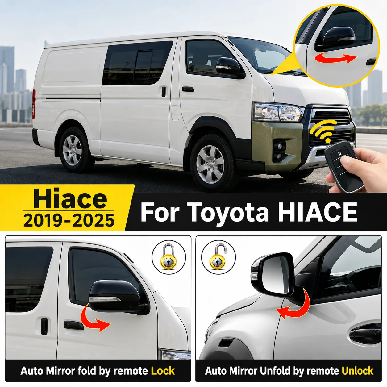 Auto Folding Mirror and Auto Folding Side Mirrors for Toyota Hiace 300 H300 2019-2025 Hiace Side Mirrors Folding Automatically