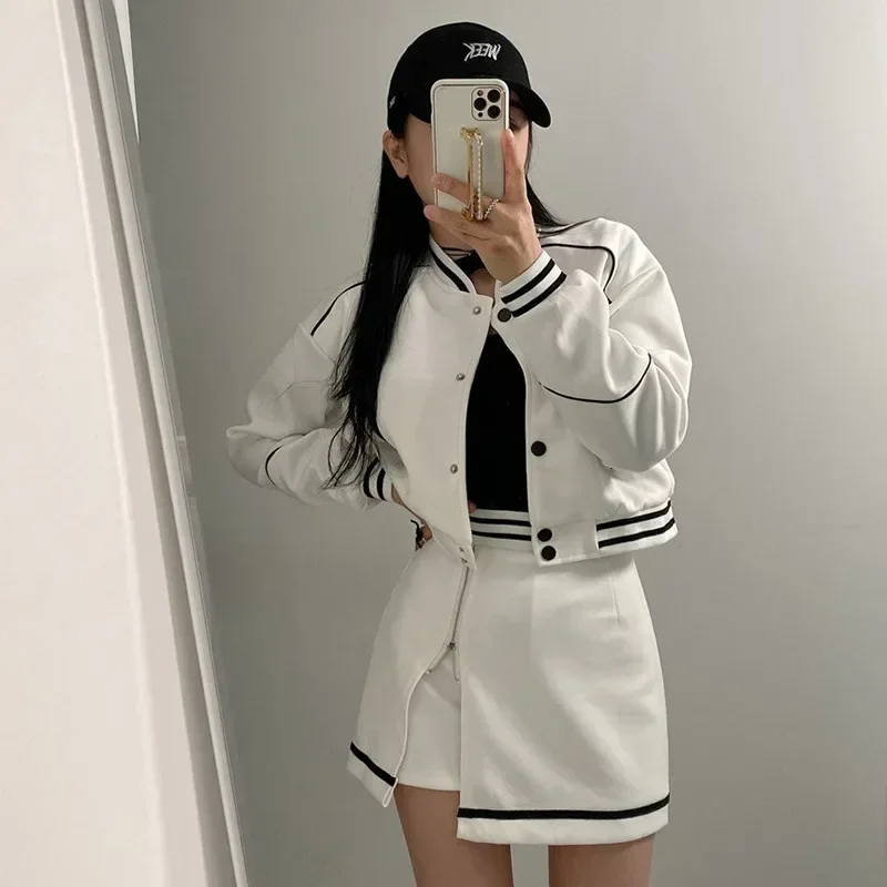 VIPOL Autumn Varsity Jacket + Skirts Sets Women 2023 New Outerwear Two Piece Sets Y2k Jackets and Skirt American Baseball Suit