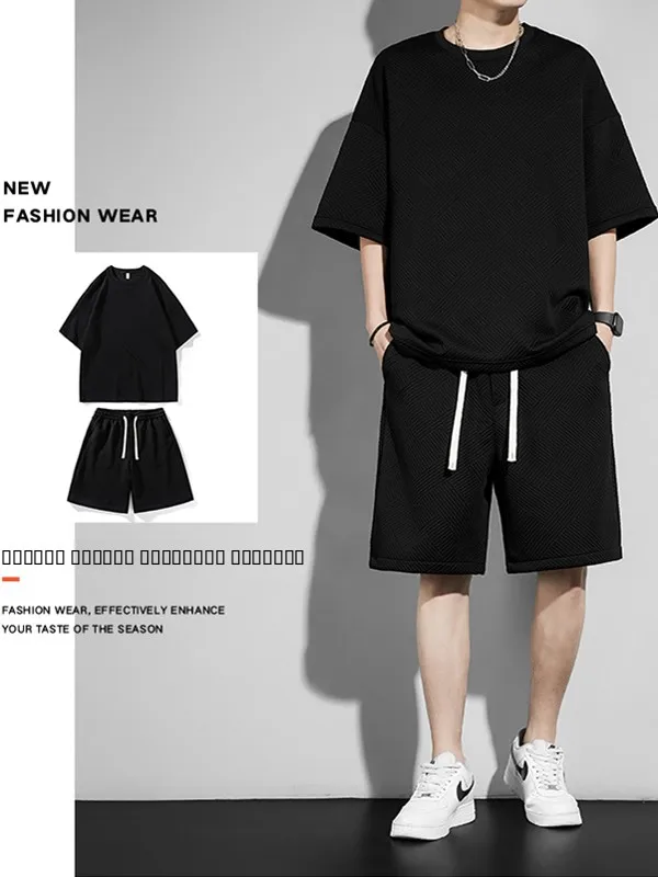 

Повседневный спортивный комплект для мужчин: футболка с коротким рукавом и шорты из смесового полиэстера и хлопка, молодежный модный летний наряд JXAETE QCC-TZ1808