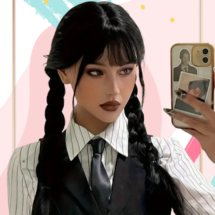 Środa rodzina Addamsów Anime peruka do cosplay, żaroodporne czarne podwójnie plecione włosy syntetyczne, regulowana czapka z siatką na klamrę dla Cos