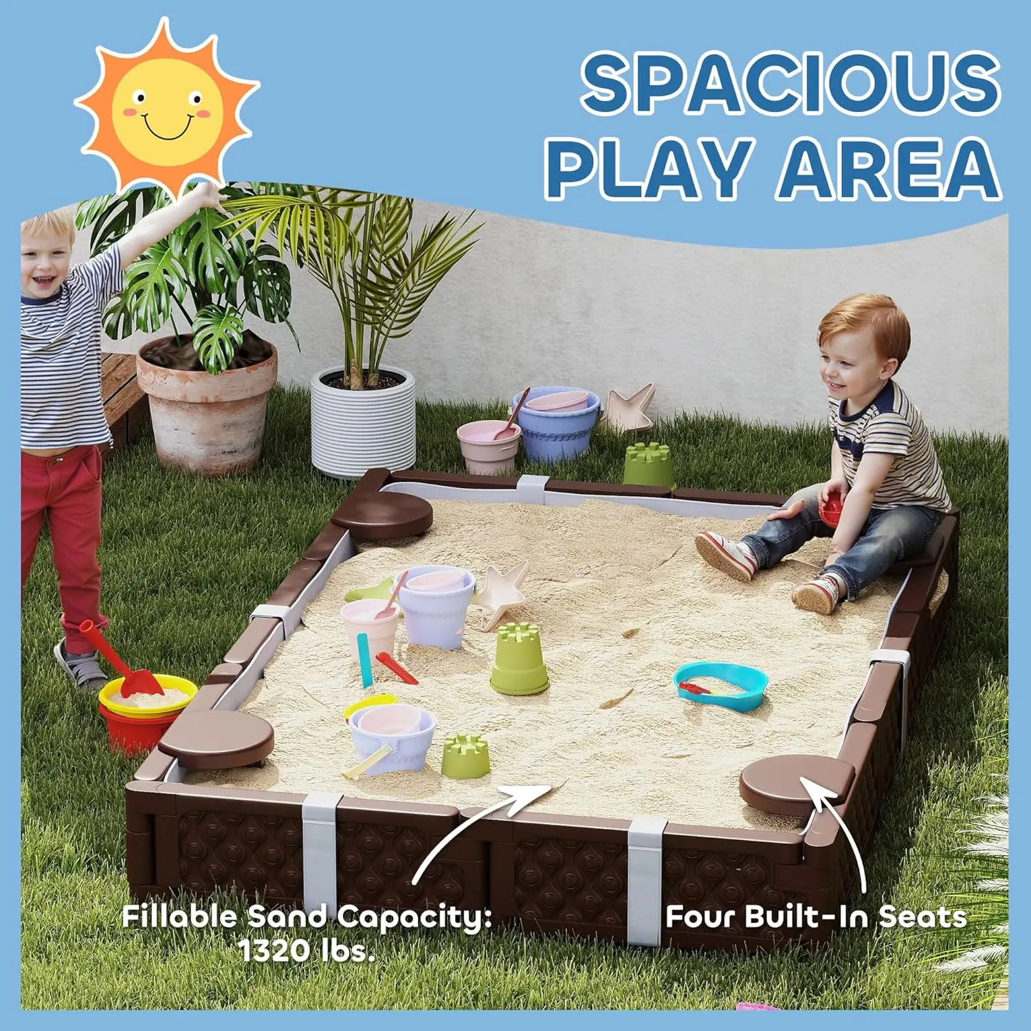 صندوق رمل للأطفال مع غطاء ، صندوق رمل مستطيل ، حفرة رمال كبيرة مع 4 مقاعد ، بطانة سفلية مقاومة للماء ، مقاومة للطقس ، في الهواء الطلق Sa ، 73"