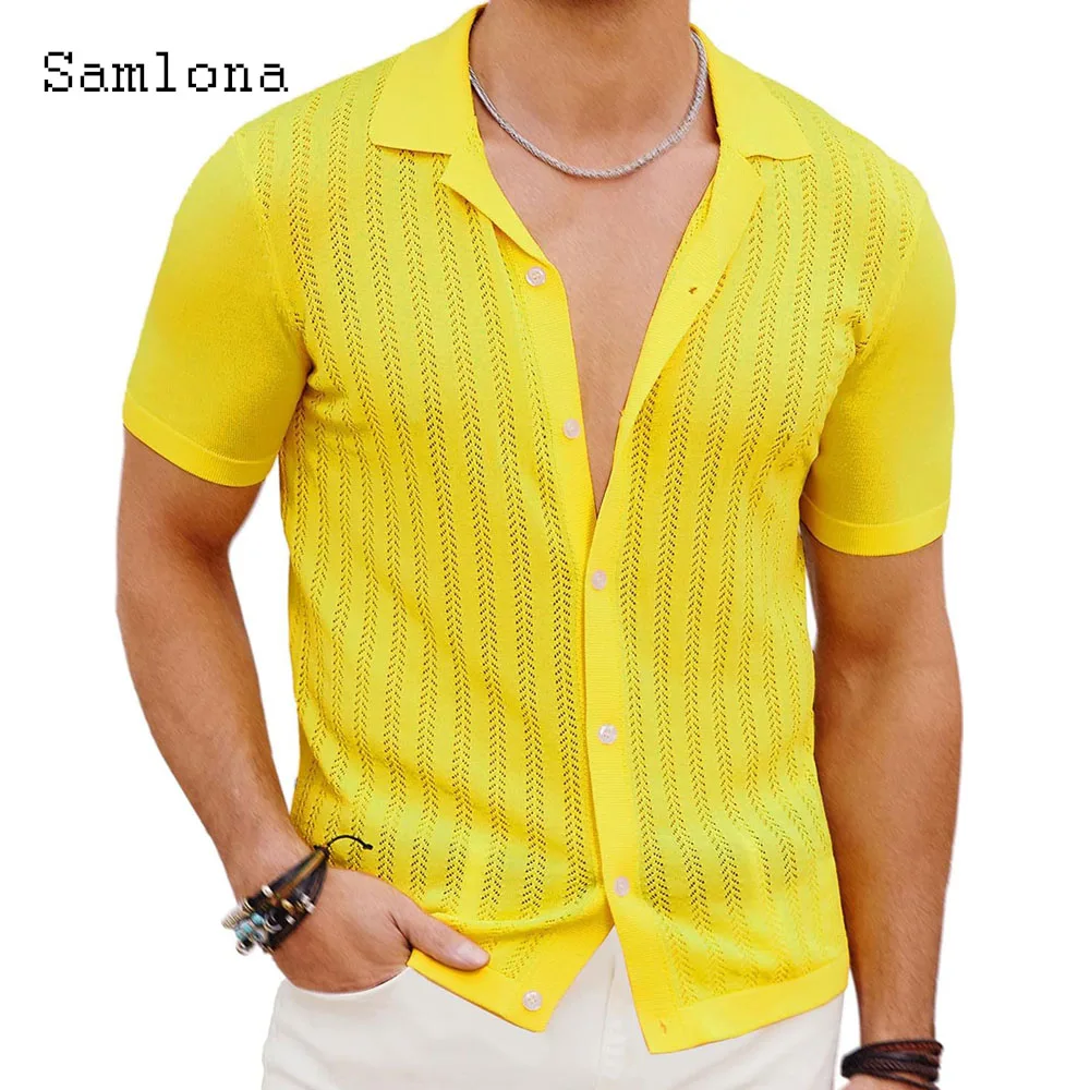 2024 America and Europe New Knitting Blouse Sexy Hollow Out Shirt Camisa Mens Casual Beach Top Cardigans Lepal Collar Knitwear