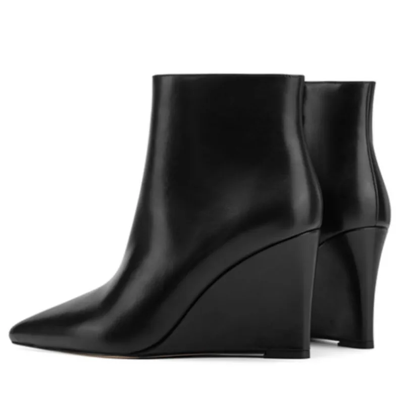 

SHOFOO Sexy women's short boots. Black matte leather ankle boots. About 11cm heel height. Wedges boots. Pointed toe boots. 34-46