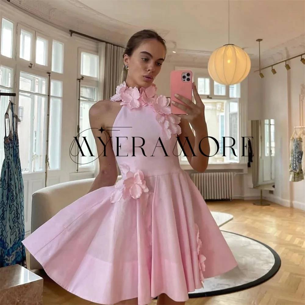 Fashion Flowers Halter Evening Dresses Pink Short A-Line Pleat Party Prom Gowns Customized فساتين سهره
