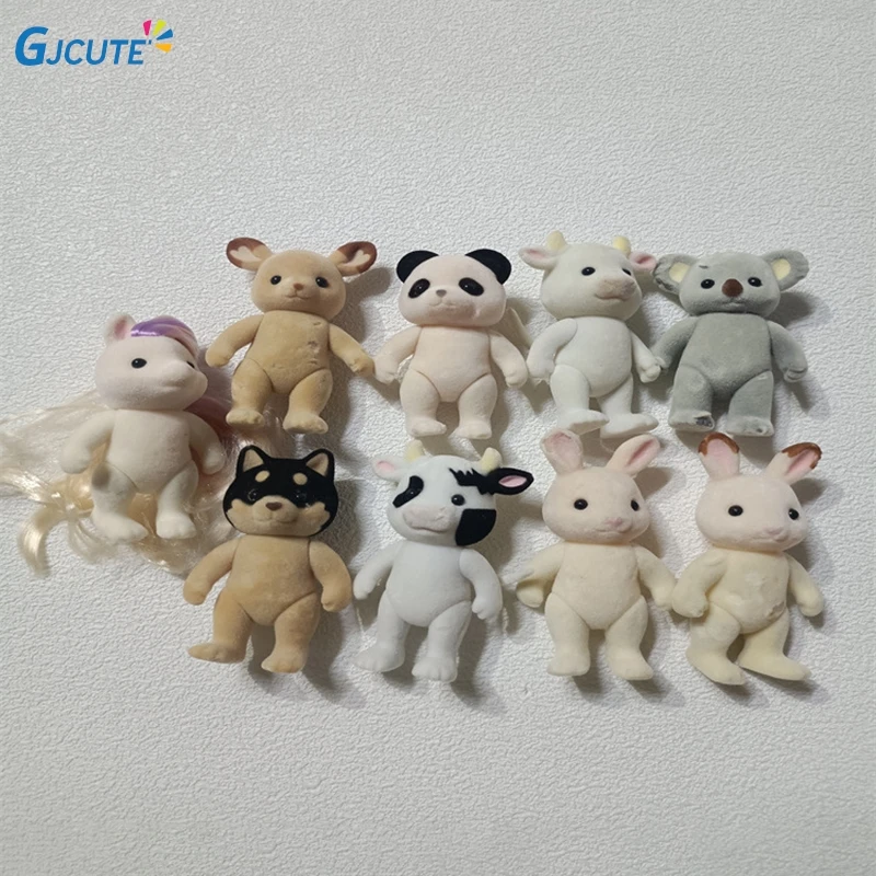 Random 1pcs Forest Family Animal Figure Rabbit Bear Dog Flocked Shaggy Figurine Animal Model Toy For Kid Factory Defects