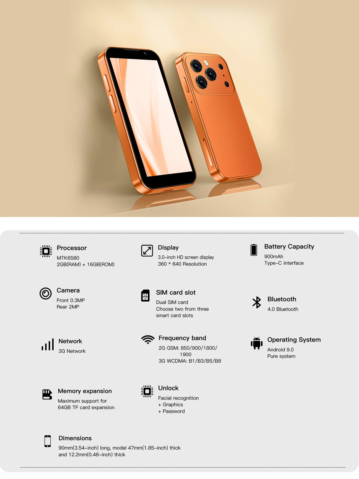 SERVO 17SE Mini Smartphone Android 9.0 2GB+16GB Dual SIM 3.0'' Screen Play Store WhatsApp GPS WiFi 3G WCDMA Small Mobile Phones