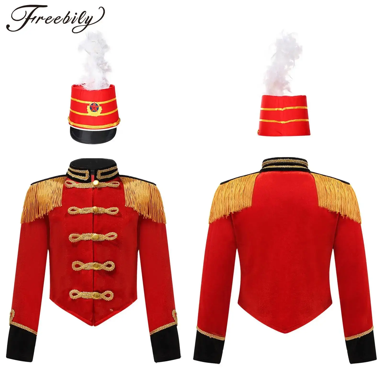 Kids Boys Girls Soldier Hat Drum Trumpet Team Costume Long Sleeve Showman Tassel Jacket Halloween Cosplay Costume