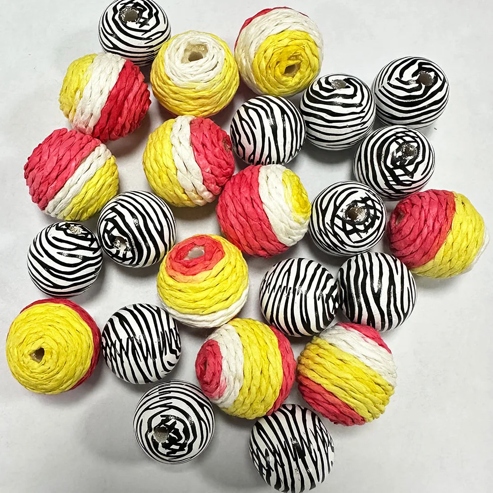 Boho Zebra Stripe & Colorful Raffia Wrapped round Beads Hollow Paper Rope Ball Spacer for DIY Bracelet Necklace Jewelry Making