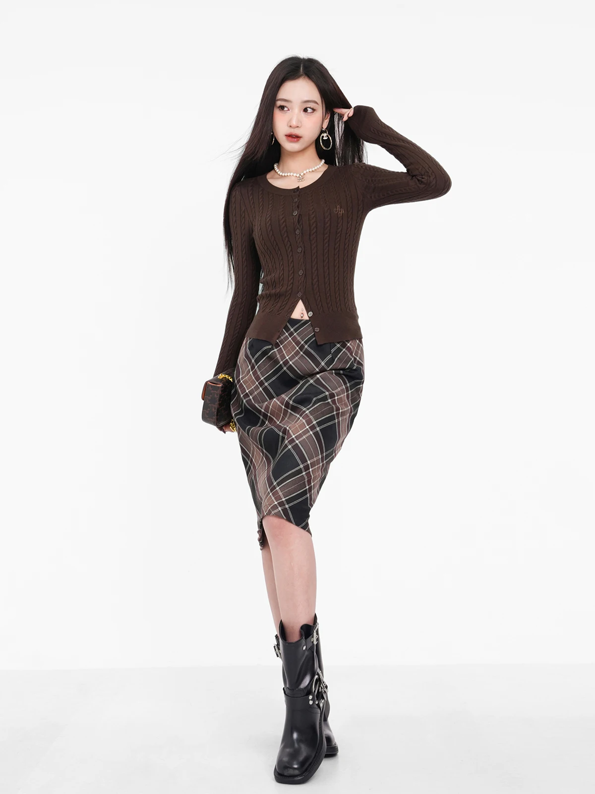 2024 Women's Autumn New High Waisted Appear Thin Contrasting Colors Plaid Half Skirt A-line American Vintage Wrap Buttocks C860