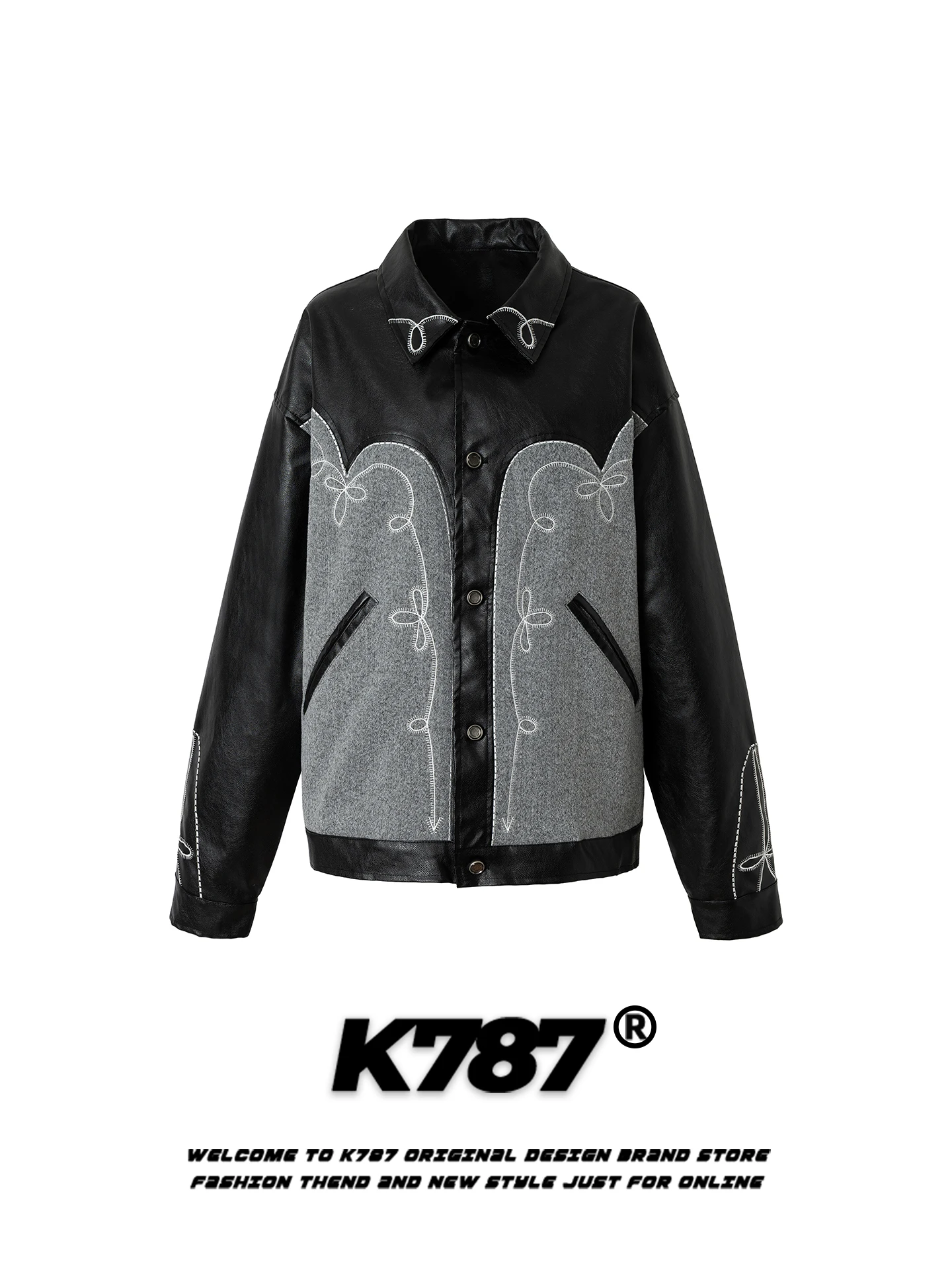 

Retro American Embroidered Wool PU Leather Patchwork Jaet Loose Streetwear Couples Workwear Outerwear for Men And Women