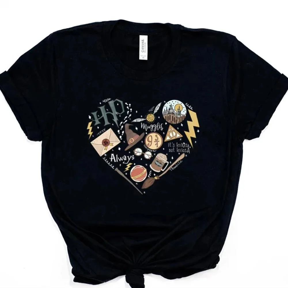 Magical Heart Logo T-shirt Adult and Children Forever Magic Wand Hogwarts Castle Casual T-shirt
