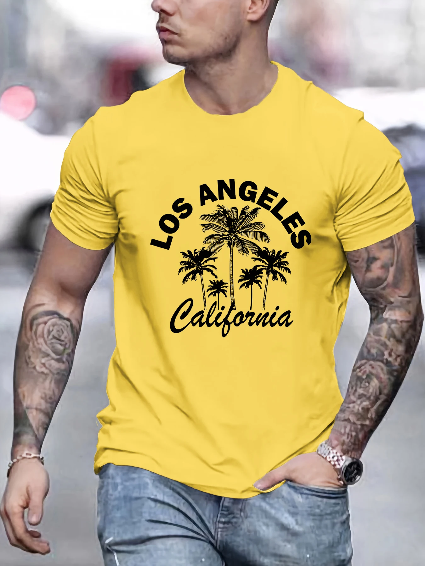 

Los Angeles California Coconut Tree Printing Men T-Shirt Cotton Loose T Shirts Crewneck Hip Hop Clothes Summer Man Streetwear