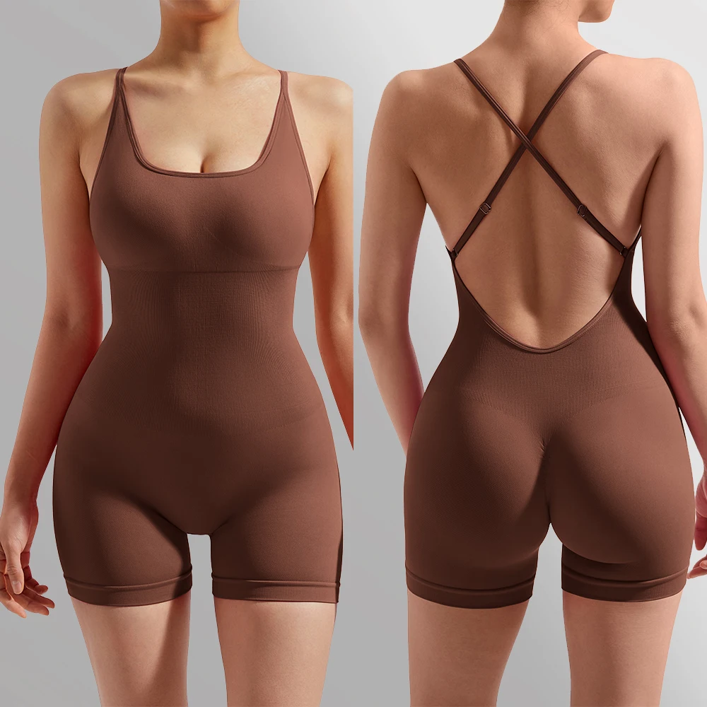 

Women Strappy Backless Jumpsuits Tummy Control Bodycon Yoga Romper Sportswear One Piece Fitness Workout Jumpsuit Shorts Women