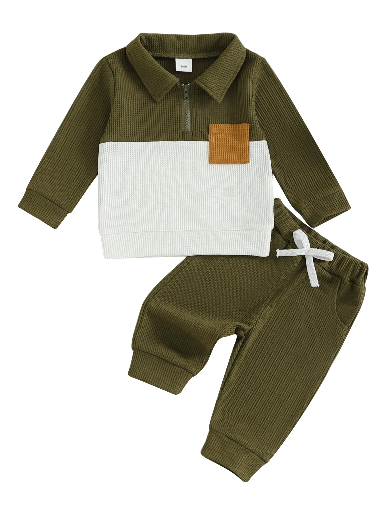 

Toddler Boy Autumn Ensemble Stylish Contrast Color Long Sleeve Lapel Half Zip Pullover with Elastic Waist Solid Pants - 2