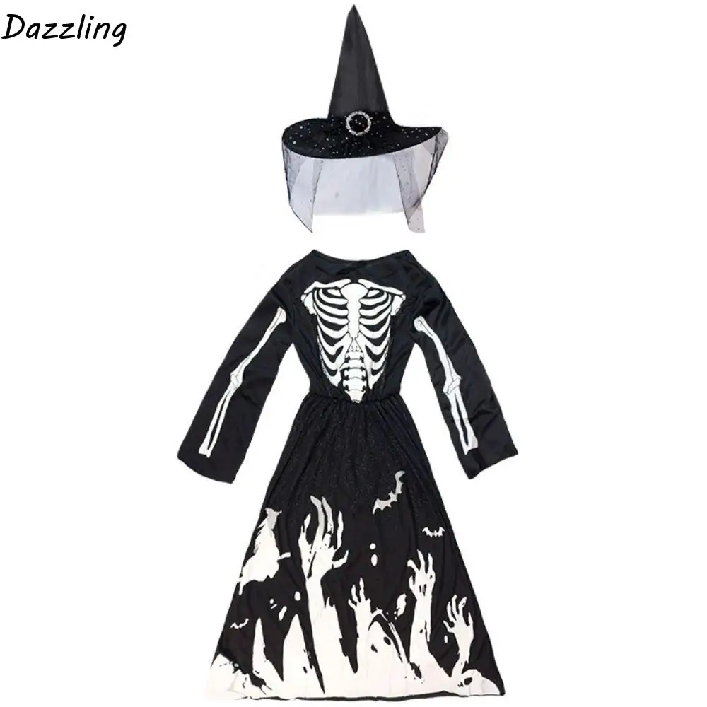 

Phantom with Hat Luminous Witch Clothing Death Skeleton Halloween Dress Up Zombie Jumpsuit Ghost Cosplay Costumes Girls