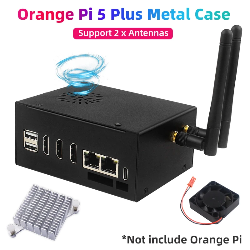 Orange Pi 5 Plus Metal Case with 4040 Cooling Fan Aluminum Heat Sink Optional 2 Antenna WiFi6 BT for OPI 5 Plus 4 / 8 /16 GB