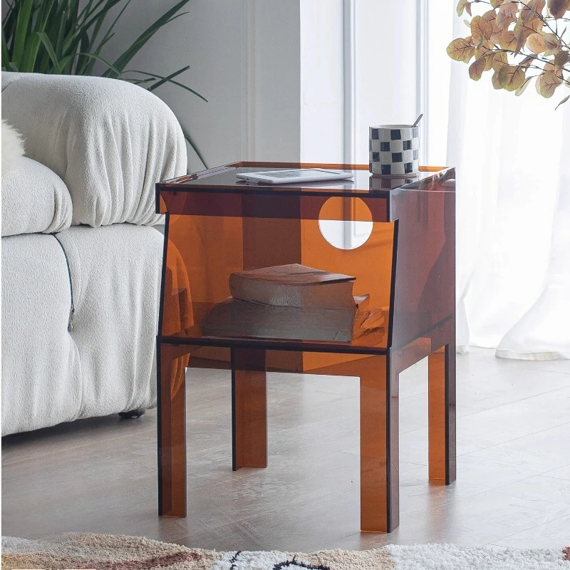 Transparent light luxury bedroom bedside table, storage locker, sofa side cabinet, wabi sandy wind