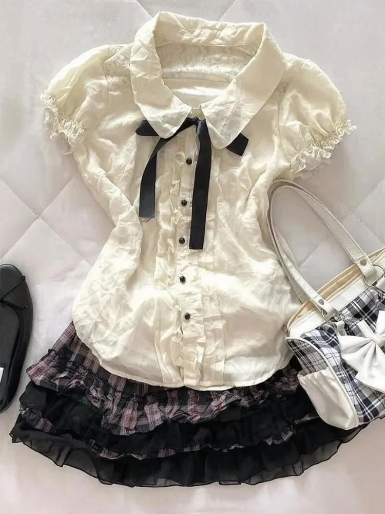 Vintage Sweet Lolita Women 2 Piece Set Y2k Ruffle Blouse + Plaid Mini Skirt Harajuku Casual Cute Design Preppy Outfits 2025 New