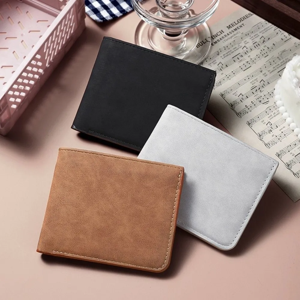 New Folding Men's Leather Wallet Solid Color Matte Coin Purse Thin Simple Short Wallet Men's Accessories