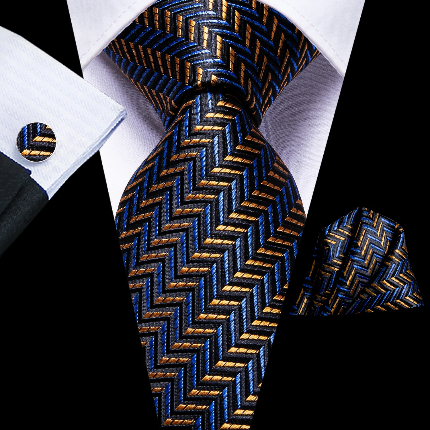 Azul ouro listras homens gravata lenço abotoaduras conjunto gravata para homem masculino casamento negócios gravatas formal pai marido presente