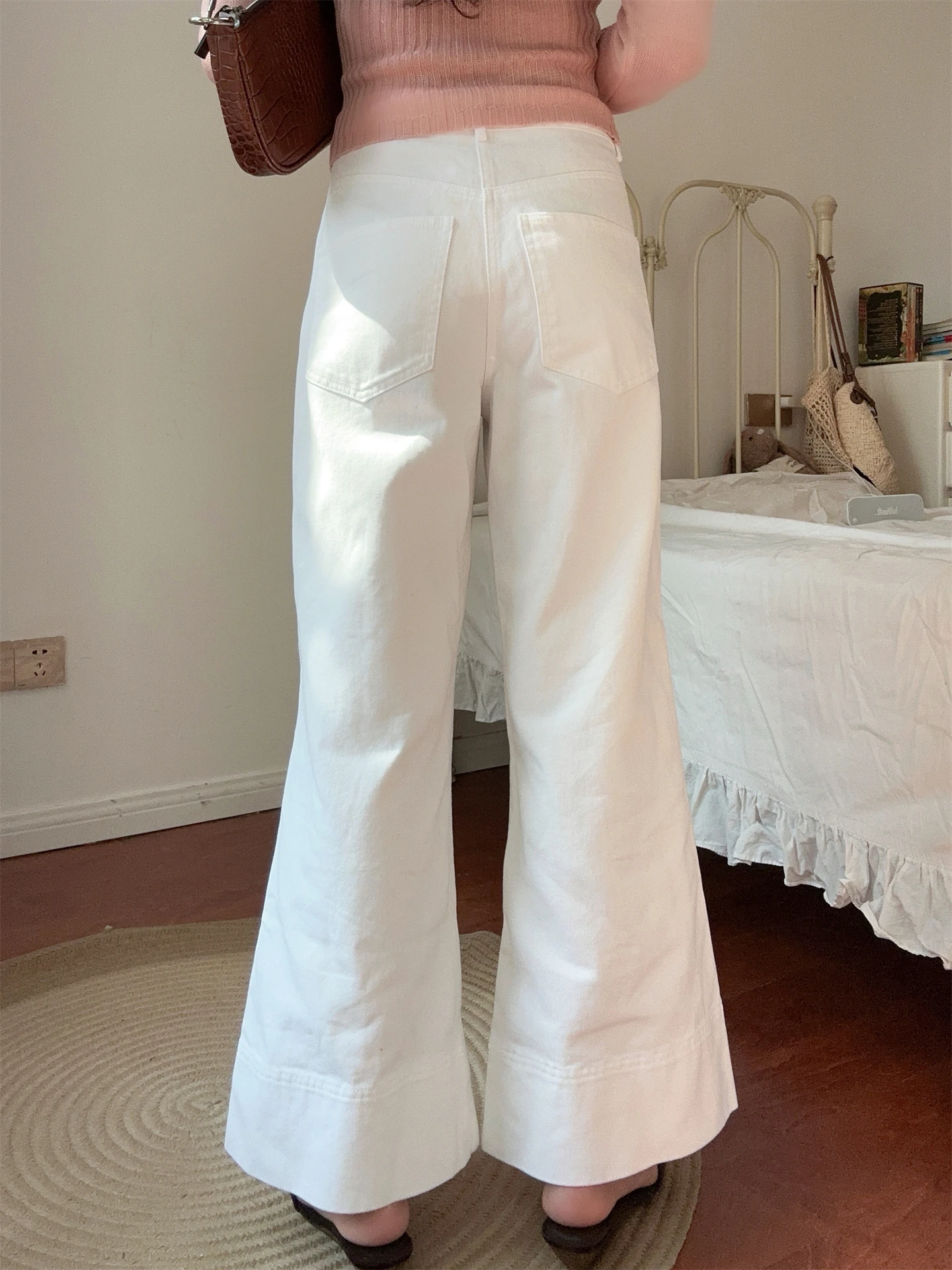 DADANA Vintage Commuter Slim Fit White Denim Long Pants High Waist Wide Leg Flared Pants Women's Cotton Soft Pure Color Breat...