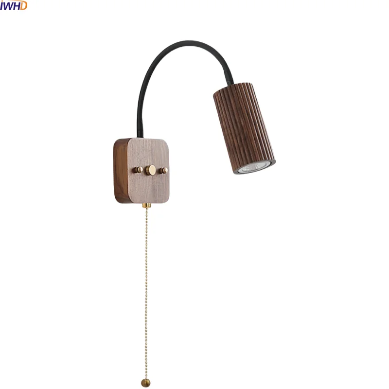 

IWHD Walnut Wood LED Wall Lamps Interior Bedroom Lighting Fixtures 30cm Black Hose Modern Nordic Bathroom Lights Above Mirror
