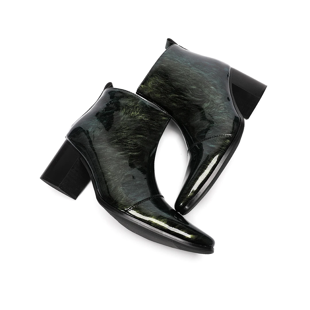 Men's Glossy Cow Leather Ankle Boots Fashion Marble Pattern Square Block Heel Side Zipper Short Boots Dress Party Booties