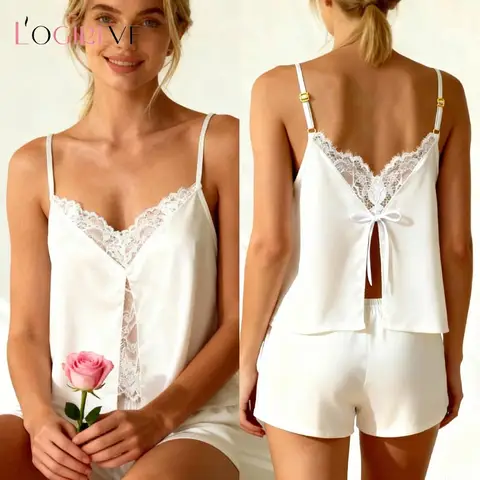 Logirlve Women s sexxy Lace Pajama Set Spring Casual Comfortable Bow Sleeveless Cami Lingerie Sleepwear Homewear