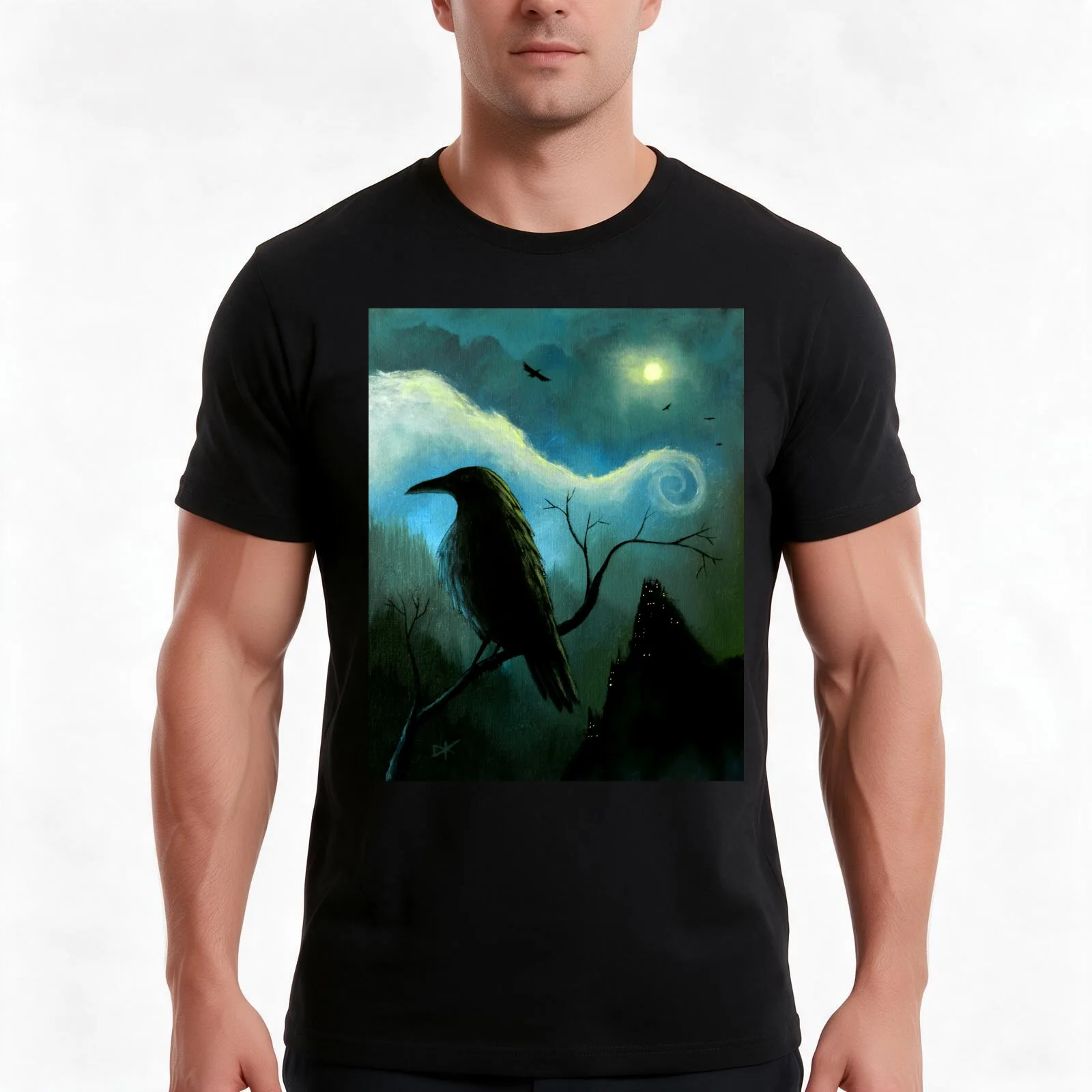 Mountain City Under the Moon - Crows/Ravens T-Shirt, Summer Casual Cotton Tee, Oversized Streetwear Tops, Vintage Graphic Print