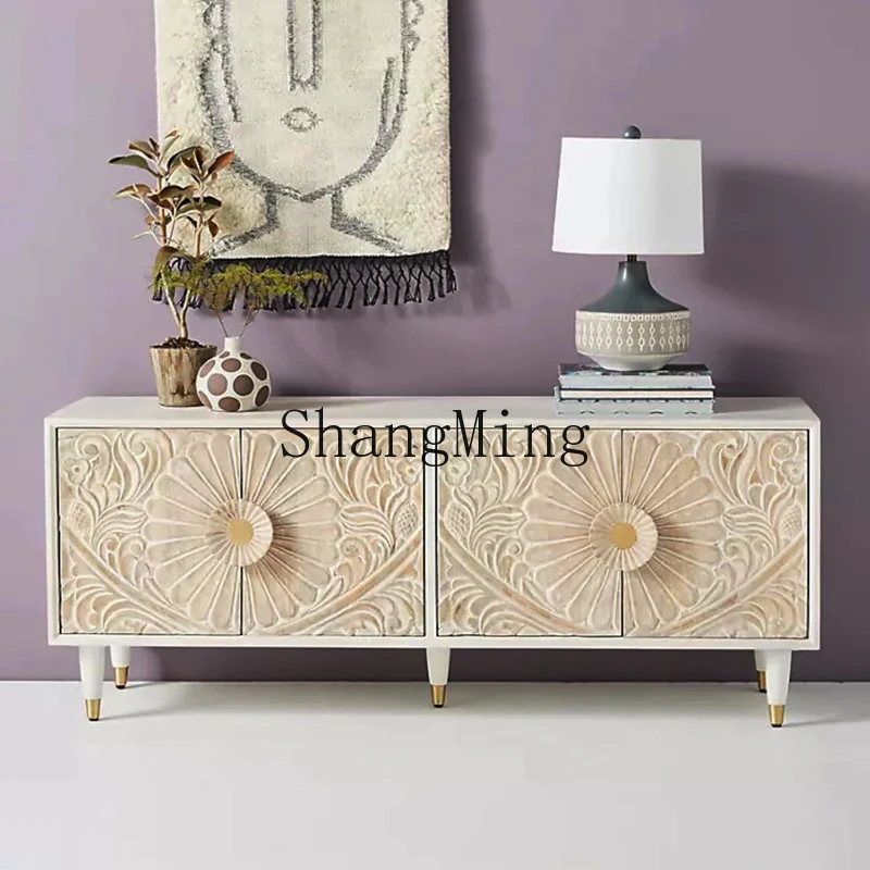 

CL retro carved solid wood TV cabinet, antique foyer audio-visual simple living room decorative locker