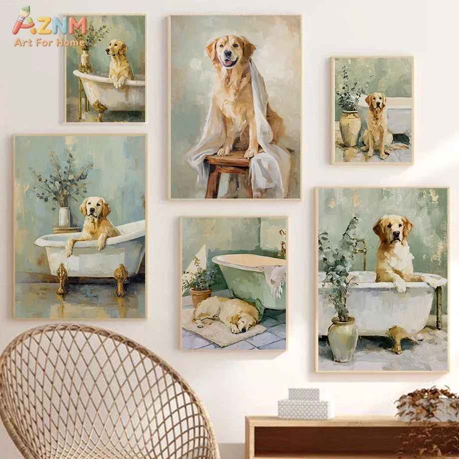 AZNM Golden Retriever Bathtub Canvas Print, Cute Dog Vintage Oil Painting Style Unframed Canvas Painting, Bathroom Wall Art Deco