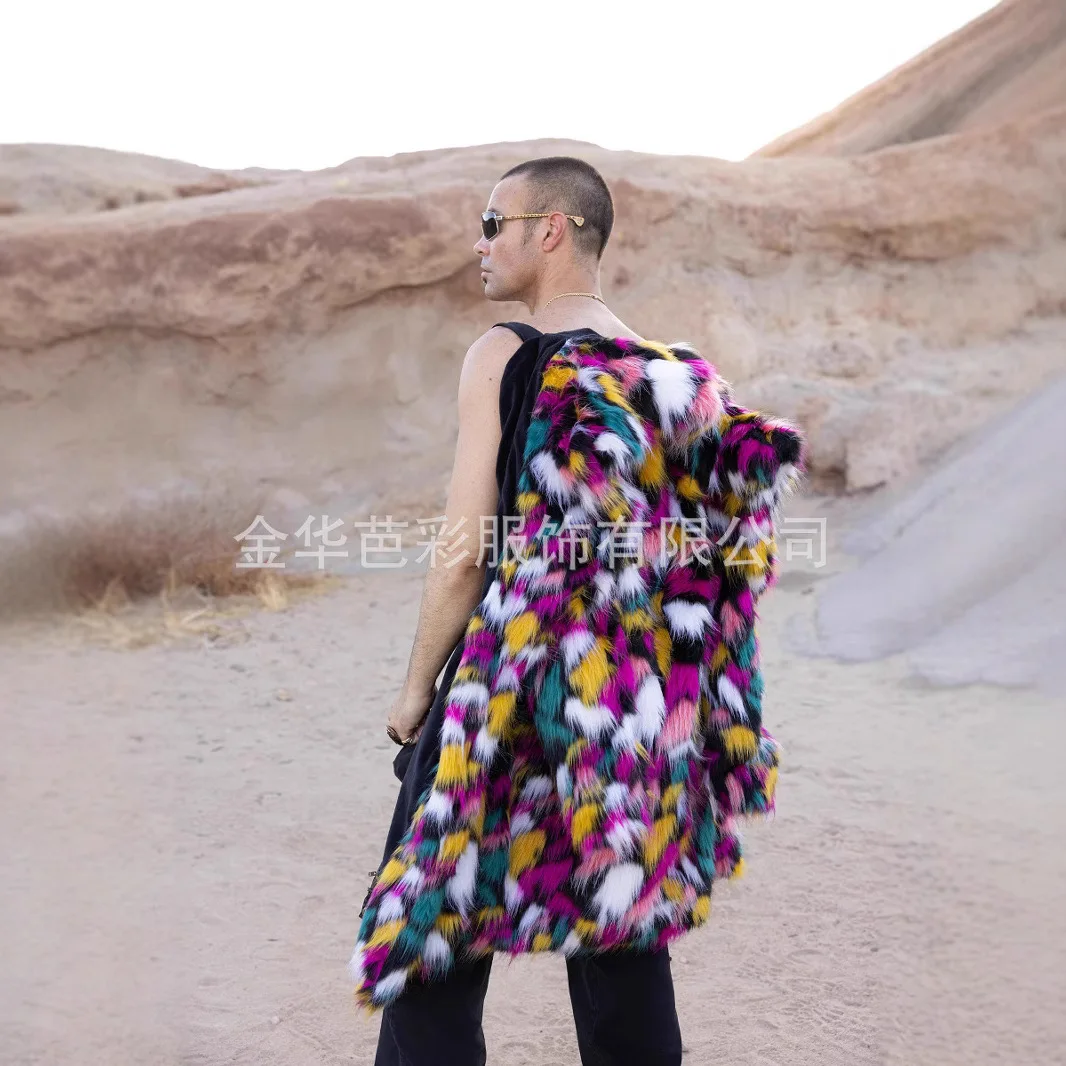 เสื้อแจ็คเก็ตผู้ชายขนเฟอร์เทียม แขนยาว ตัดต่อผ้า แต่งปกพับ ติดกระดุมแบบเปิด ดีไซน์ต่อผ้า รุ่นปี 2025 เสื้อกันลม สไตล์ไฮสตรีท