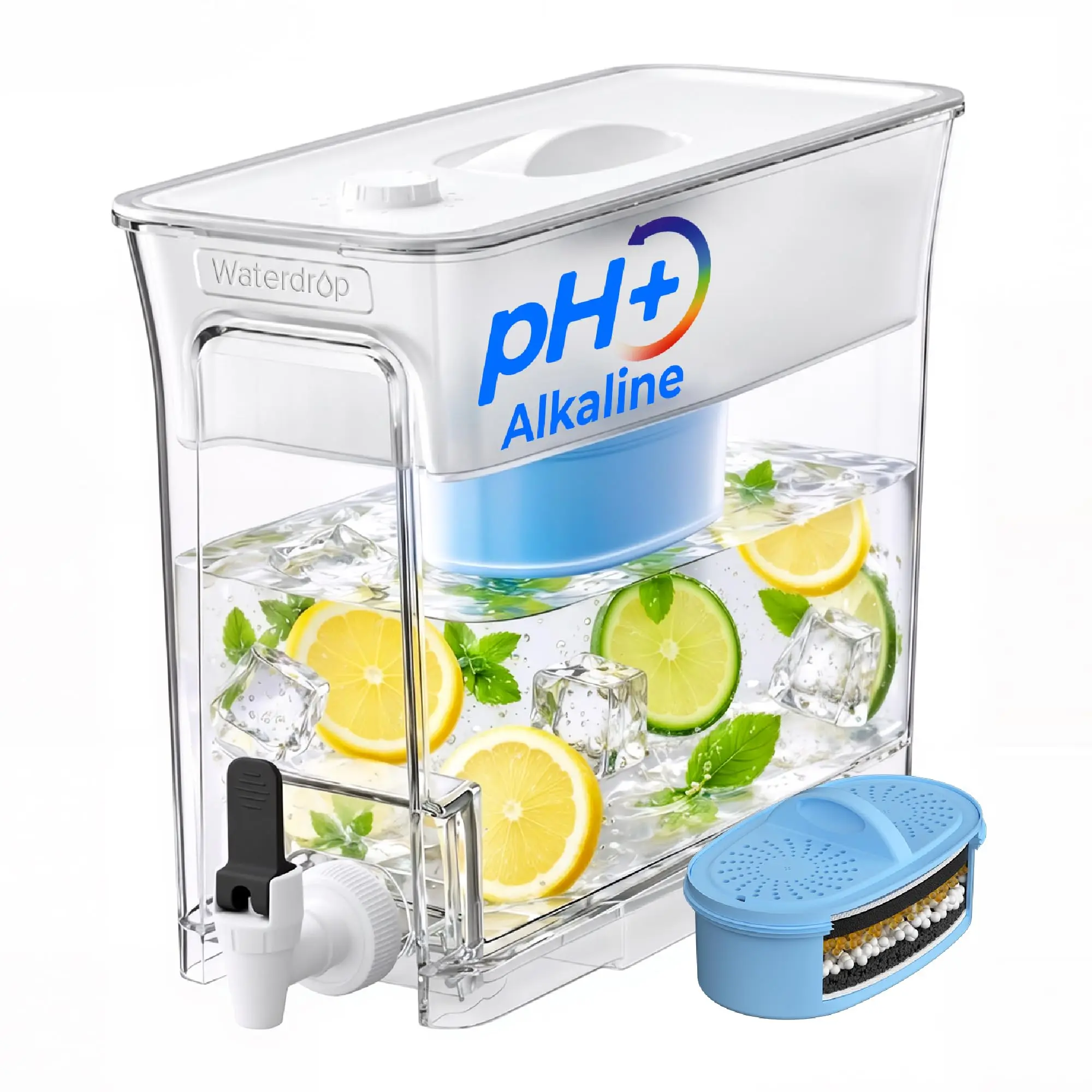 Waterdrop WFD-40W-L-A Water Filter Dispenser, Alkaline Filtration, White, 35-Cup Capacity, 100-Gallon Filter Life, For Fruit Infusions, Reduces Chlorine & PFOA/PFOS, BPA-Free