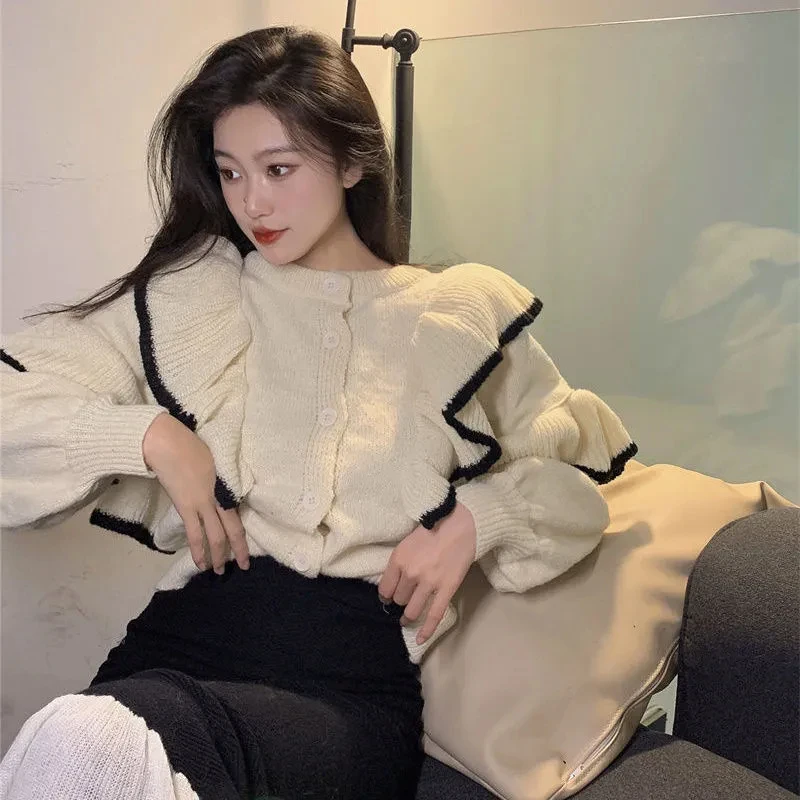 

Свитер с кружевной отделкой в стиле ретро, кардиган, весна-осень, свободный вязаный топ, высококачественный ленивый рукав, круглый Ne Long Sve, женский...