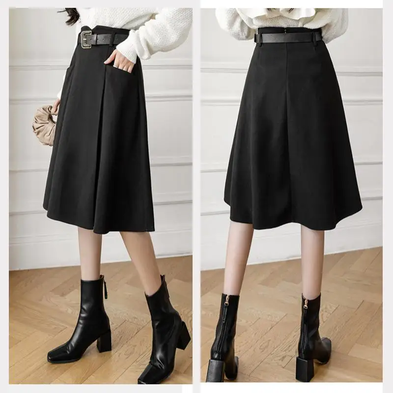 Faldas elegantes de lana acampanadas para mujer, falda larga de cintura alta que combina con todo, estilo coreano, Color sólido, otoño