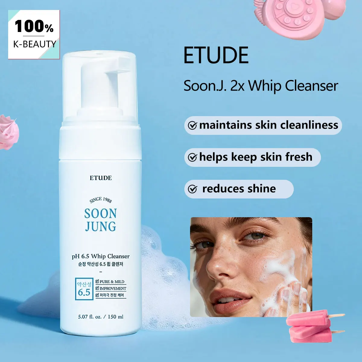 

ETUDE SoonJung pH 6.5 Whip Facial Cleanser 150ml, Gentle Cleansing, Hydrating Care, K-Beauty, Korean Cosmetics, Korean Skincare