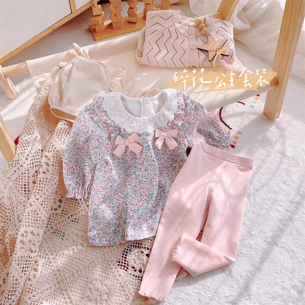 Spring and Autumn Girls' Set Baby Western Style Children's Sweet Countryside Fragmented Lace Butterfly Bow Shirt Pants