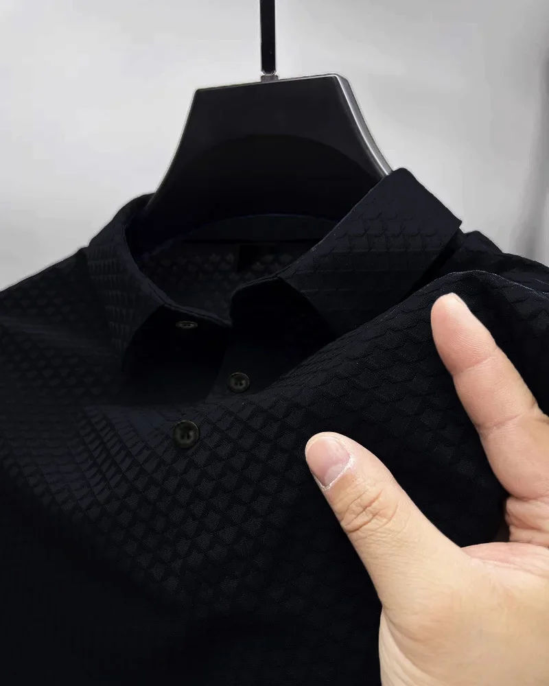 Camisa polo de seda gelo manga curta masculina, camiseta de malha high-end, pulôver respirável, cor sólida, esportes de lazer, alta qualidade