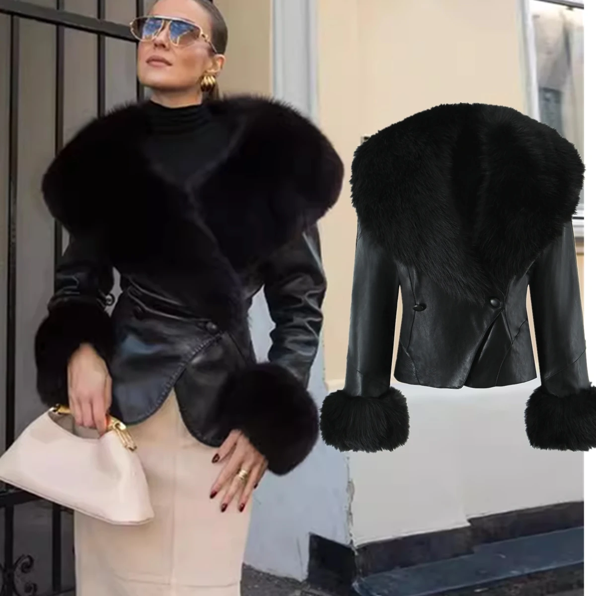 Jenny&Dave Fashion Blogger Minimalistischer französischer eleganter Kunstpelzkragen Slim-Fit-Lederjacke Vintage Damenjacke Damen Clot