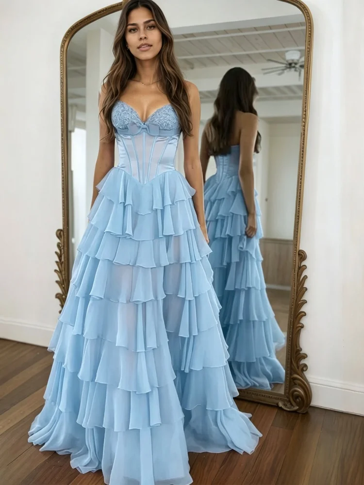 Women Dresses Strapless Sweetheart Corset Evening Dresses Tiered Chiffon Floor Length Formal Prom Party Dresses