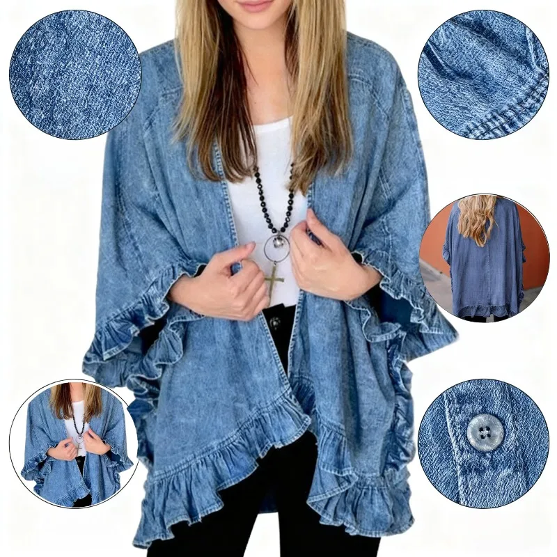 

Синий джинсовый кардиган-кимоно с рюшами, повседневная свободная куртка с рукавами «летучая мышь», винтажная верхняя одежда для женщин