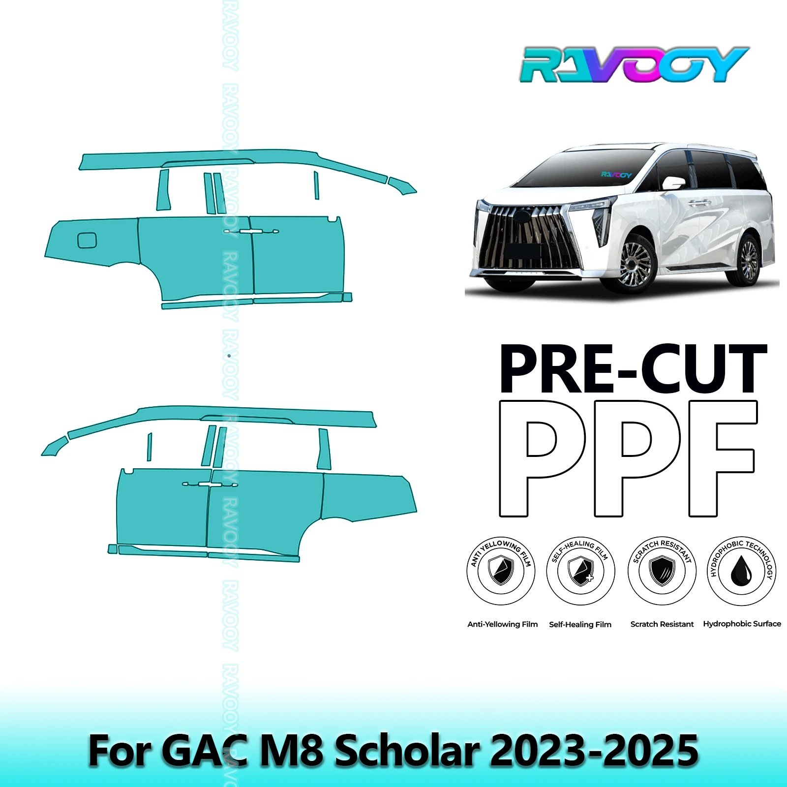 

For GAC M8 Scholar 2023-2025 8.5mil Clear Matte Pre-Cut PPF Door & A/B Pillar Kit TPU Paint Protection Film Set