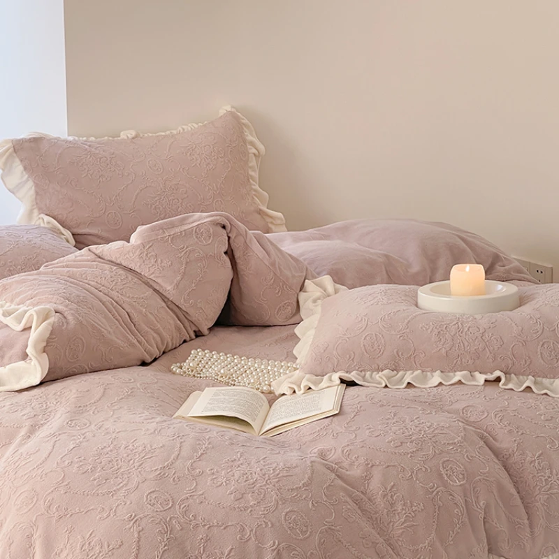 Winter double-sided velvet padded milk velvet four-piece princess wind ruffled quilt cover coral velvet bed linen