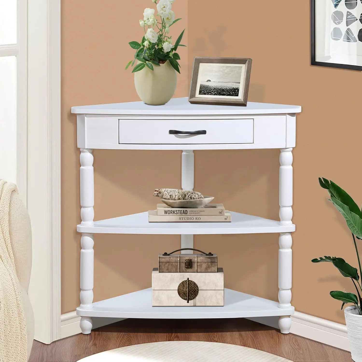 Small Wood Corner Table with Drawer, 3 Tier Triangle Side Table with 2 Open Shelves, Narrow Cabinet Organizer