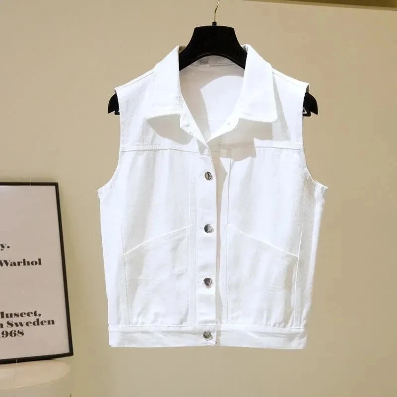 2023 New Spring Summer Thin Denim Vest Ladies Sleeveless Waistcoat White Jeans Vest Jacket Women Button Jean Coat Outwear S-5XL